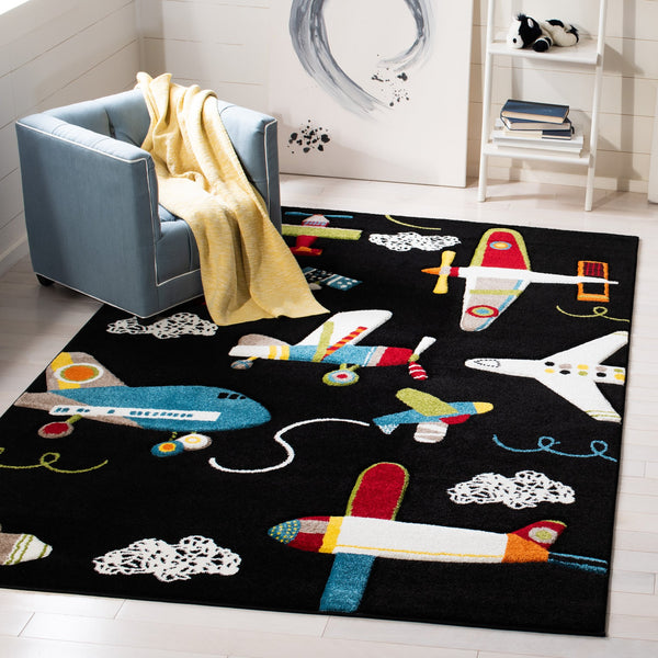 Safavieh Carousel Kids Black/Ivory 9' X 12' Aviation Area Rug – Whimsical Design For Playful Spaces! Black ,Ivory Polypropylene Crk167z-9
