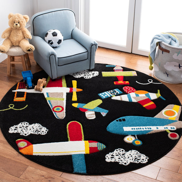 Safavieh Carousel Kids Black/Ivory 9' X 12' Aviation Area Rug – Whimsical Design For Playful Spaces! Black ,Ivory Polypropylene Crk167z-9