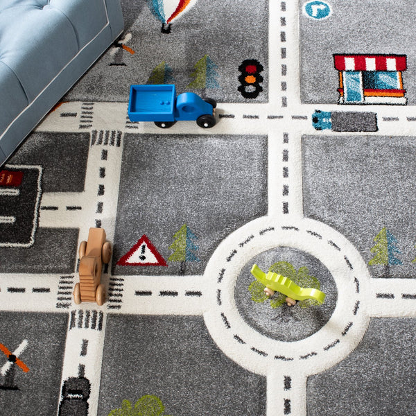 Safavieh Carousel Playful Town-themed Rug For Kids' Rooms - Durable, Soft, And Easy To Clean Design Grey ,Ivory Polypropylene Crk192f-8r