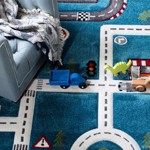 Safavieh Carousel Playful Town-themed Rug For Kids' Rooms - Durable, Soft, And Easy To Clean Design Turquoise ,Ivory Polypropylene Crk192k-4
