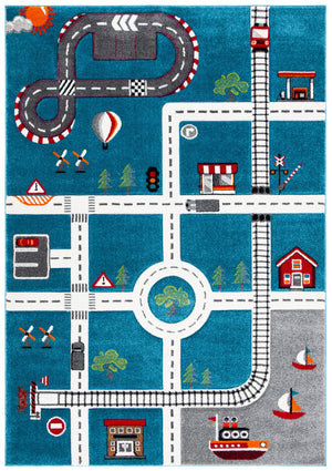 Safavieh Carousel Playful Town-themed Rug For Kids' Rooms - Durable, Soft, And Easy To Clean Design Turquoise ,Ivory Polypropylene Crk192k-4