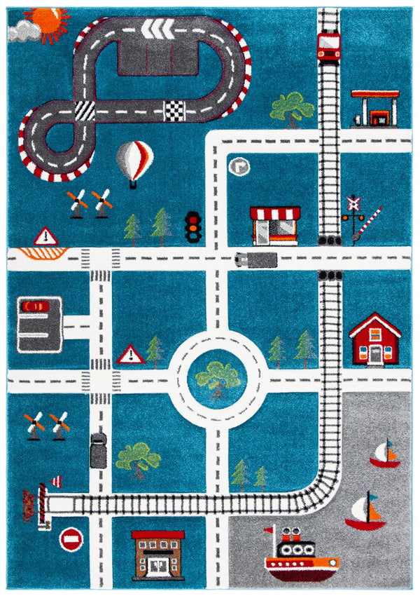 Safavieh Carousel Playful Town-themed Rug For Kids' Rooms - Durable, Soft, And Easy To Clean Design Turquoise ,Ivory Polypropylene Crk192k-4