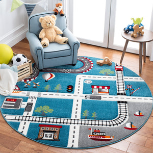 Safavieh Carousel Playful Town-themed Rug For Kids' Rooms - Durable, Soft, And Easy To Clean Design Turquoise ,Ivory Polypropylene Crk192k-4