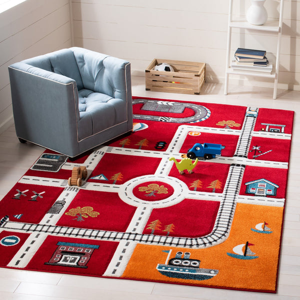 Safavieh Carousel Playful Town-themed Rug For Kids' Rooms - Durable, Soft, And Easy To Clean Design Red ,Ivory Polypropylene Crk192q-9