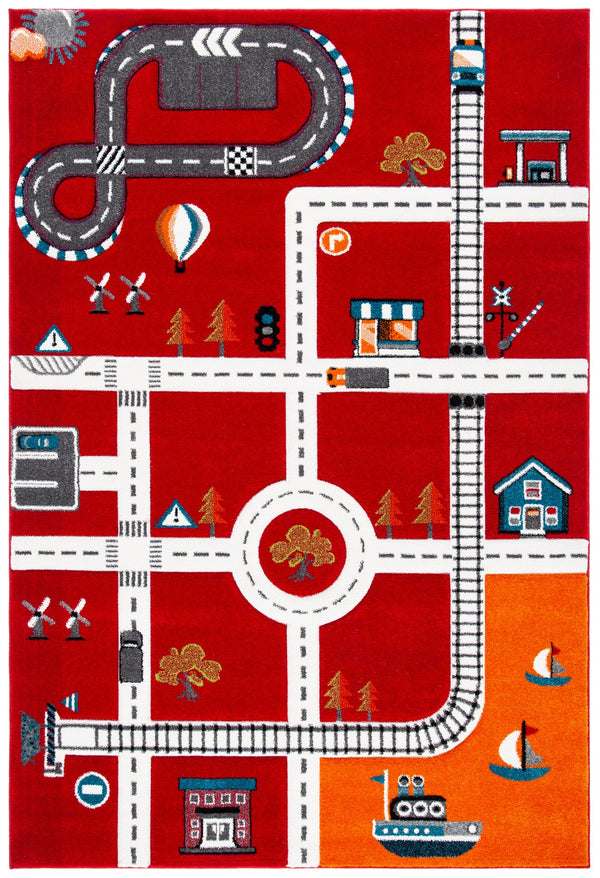 Safavieh Carousel Playful Town-themed Rug For Kids' Rooms - Durable, Soft, And Easy To Clean Design Red ,Ivory Polypropylene Crk192q-9