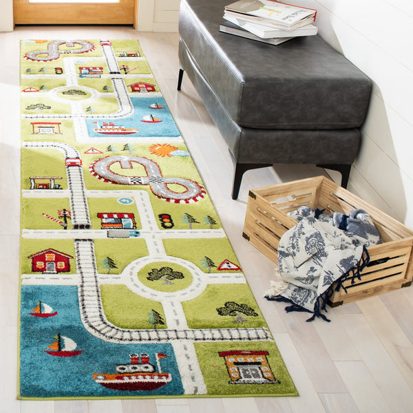 Safavieh Carousel Playful Town-themed Rug For Kids' Rooms - Durable, Soft, And Easy To Clean Design Green ,Ivory Polypropylene Crk192y-5
