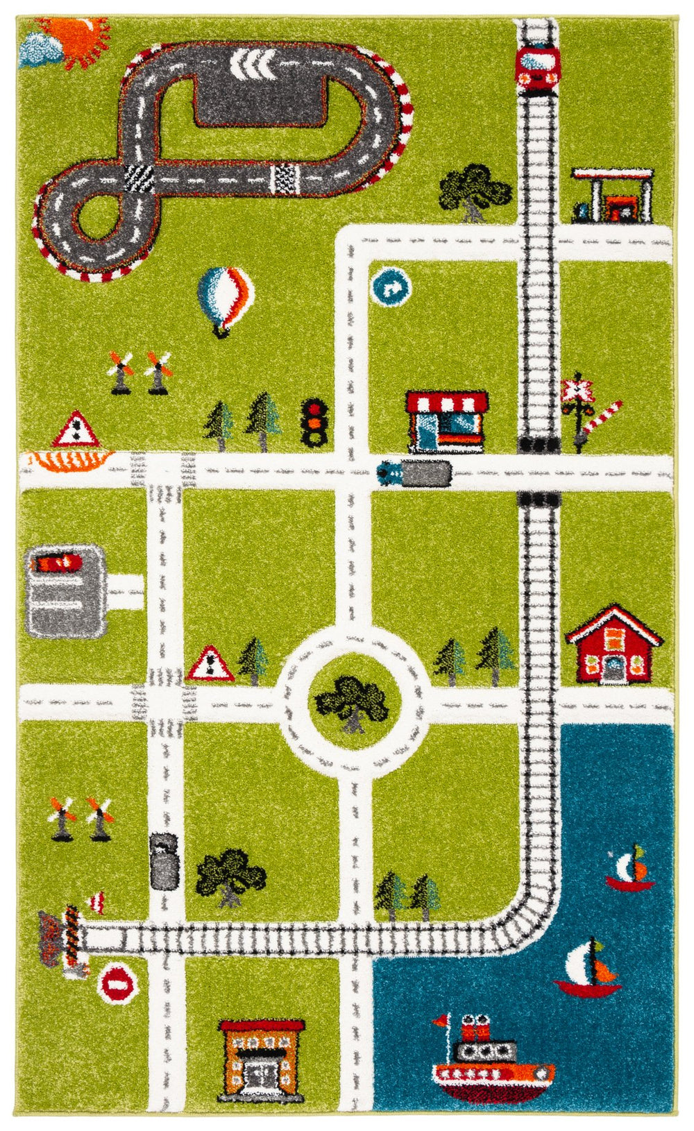 Safavieh Carousel Playful Town-themed Rug For Kids' Rooms - Durable, Soft, And Easy To Clean Design Green ,Ivory Polypropylene Crk192y-5