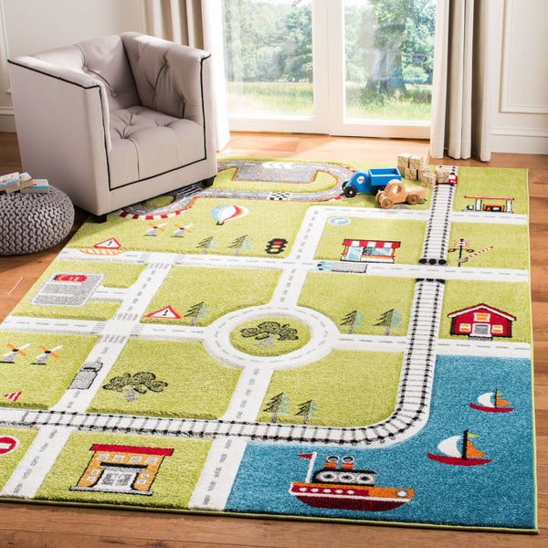 Safavieh Carousel Playful Town-themed Rug For Kids' Rooms - Durable, Soft, And Easy To Clean Design Green ,Ivory Polypropylene Crk192y-5