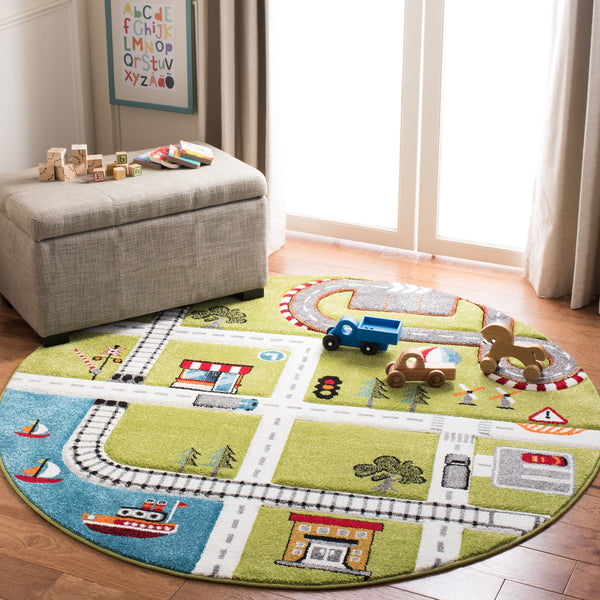 Safavieh Carousel Playful Town-themed Rug For Kids' Rooms - Durable, Soft, And Easy To Clean Design Green ,Ivory Polypropylene Crk192y-5