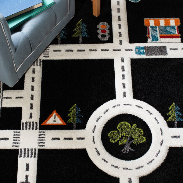 Safavieh Carousel Playful Town-themed Rug For Kids' Rooms - Durable, Soft, And Easy To Clean Design Black ,Ivory Polypropylene Crk192z-8sq