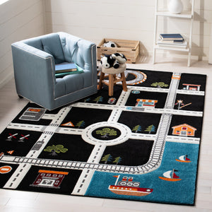 Safavieh Carousel Playful Town-themed Rug For Kids' Rooms - Durable, Soft, And Easy To Clean Design Black ,Ivory Polypropylene Crk192z-8sq