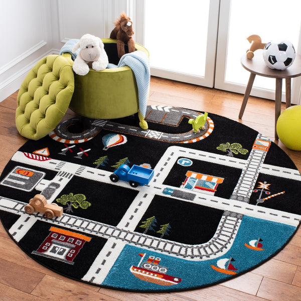 Safavieh Carousel Playful Town-themed Rug For Kids' Rooms - Durable, Soft, And Easy To Clean Design Black ,Ivory Polypropylene Crk192z-8sq