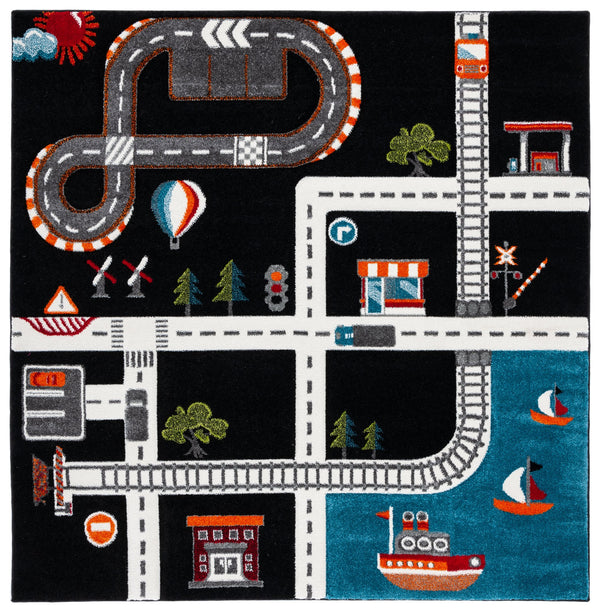 Safavieh Carousel Playful Town-themed Rug For Kids' Rooms - Durable, Soft, And Easy To Clean Design Black ,Ivory Polypropylene Crk192z-8sq