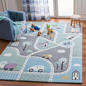 Safavieh Carousel Kids Collection Area Rug - Whimsical Cityscape Design For Playful Elegance And Comfort Grey ,Light Blue Polypropylene Crk193f-210