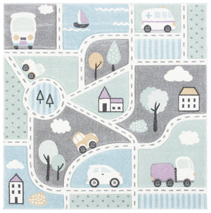 Safavieh Carousel Kids Collection Area Rug - Whimsical Cityscape Design For Playful Elegance And Comfort Grey ,Light Blue Polypropylene Crk193f-210