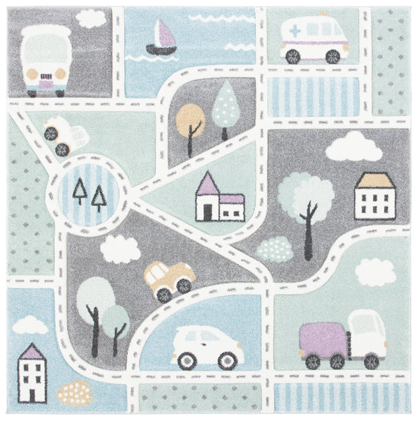 Safavieh Carousel Kids Collection Area Rug - Whimsical Cityscape Design For Playful Elegance And Comfort Grey ,Light Blue Polypropylene Crk193f-210
