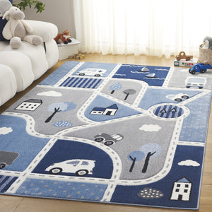 Safavieh Carousel Kids Collection Area Rug - Whimsical Cityscape Design For Playful Elegance And Comfort Grey ,Blue Polypropylene Crk193m-3