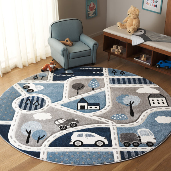 Safavieh Carousel Kids Collection Area Rug - Whimsical Cityscape Design For Playful Elegance And Comfort Grey ,Blue Polypropylene Crk193m-3