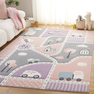 Safavieh Carousel Kids Collection Area Rug - Whimsical Cityscape Design For Playful Elegance And Comfort Grey ,Pink Polypropylene Crk193u-5