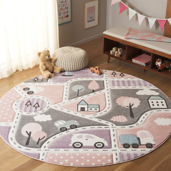 Safavieh Carousel Kids Collection Area Rug - Whimsical Cityscape Design For Playful Elegance And Comfort Grey ,Pink Polypropylene Crk193u-5