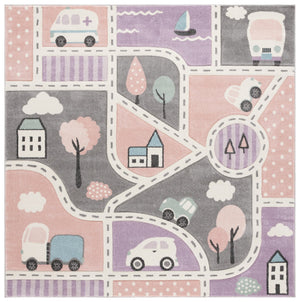 Safavieh Carousel Kids Collection Area Rug - Whimsical Cityscape Design For Playful Elegance And Comfort Grey ,Pink Polypropylene Crk193u-5