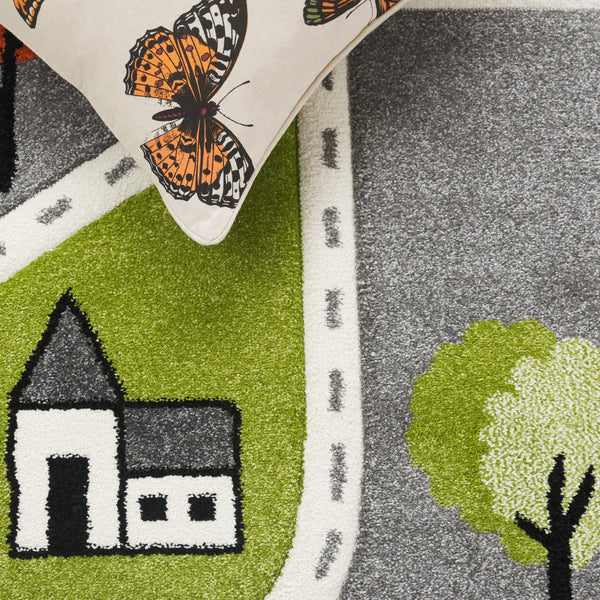 Safavieh Carousel Kids Collection Area Rug - Whimsical Cityscape Design For Playful Elegance And Comfort Green ,Grey Polypropylene Crk193y-28