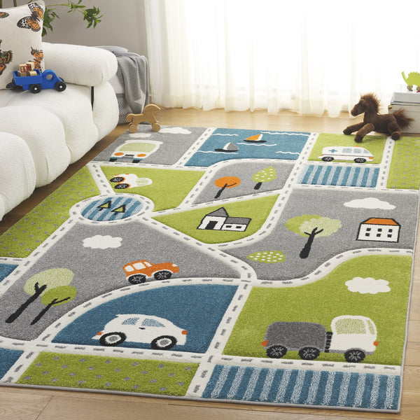 Safavieh Carousel Kids Collection Area Rug - Whimsical Cityscape Design For Playful Elegance And Comfort Green ,Grey Polypropylene Crk193y-28