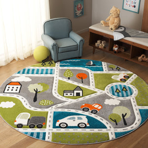 Safavieh Carousel Kids Collection Area Rug - Whimsical Cityscape Design For Playful Elegance And Comfort Green ,Grey Polypropylene Crk193y-28