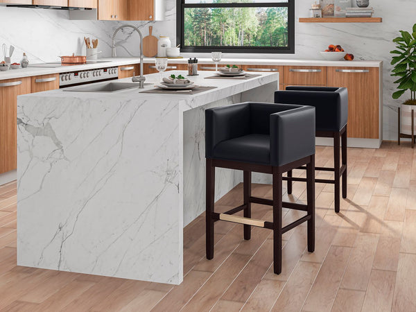 Manhattan Comfort Kingsley Mid-Century Modern Counter Stool (Set of 2) Black and Dark Walnut 2-CS005-BK