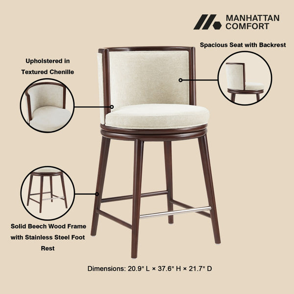 Manhattan Comfort Evalyn Exquisite Textured Chenille Counter Stool With Elegant Beech Wood Frame And Comfort Design Cream Beech Wood Cs021-cr