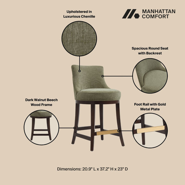 Manhattan Comfort Lucia Chenille Counter Stool With Curved Backrest, Beech Wood Legs & Gold Footrest For Elegance Leaf Green Beech Wood Cs022-gr