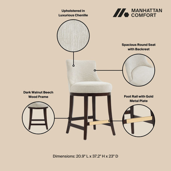 Manhattan Comfort Lucia Chenille Counter Stool With Curved Backrest, Beech Wood Legs & Gold Footrest For Elegance Natural Beech Wood Cs022-na