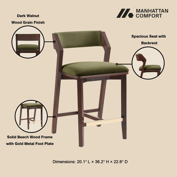 Manhattan Comfort Patricia Velvet Counter Stool - Elegant Beech Wood Legs, Plush Comfort, And Glamorous Gold Footrest Turtle Green Beech Wood Cs023-gr