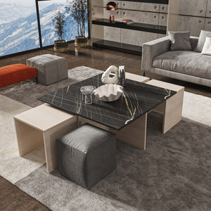 Haley Nested Coffee Table & Ottoman Set in White & Black Marble  in White and Black Marble CT013-WB Manhattan Comfort