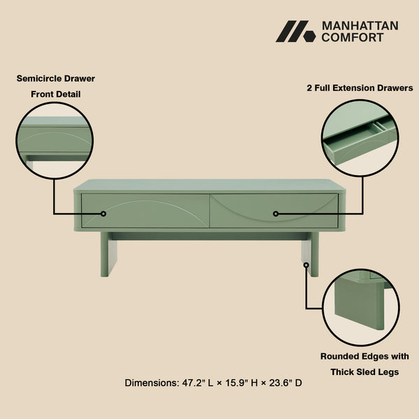 Manhattan Comfort Ella Coffee Table With Elegant Design And Dual Drawers For A Modern And Serene Home Atmosphere Sage Green Mdf Ct020-gr
