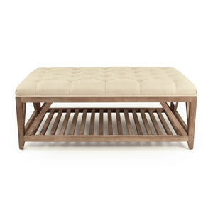 Zentique Mathis Oak-Base Tufted Ottoman — Linen-Tone Upholstery, Durable Seating, Versatile Coffee Table Surface CT039-Z E272 A003