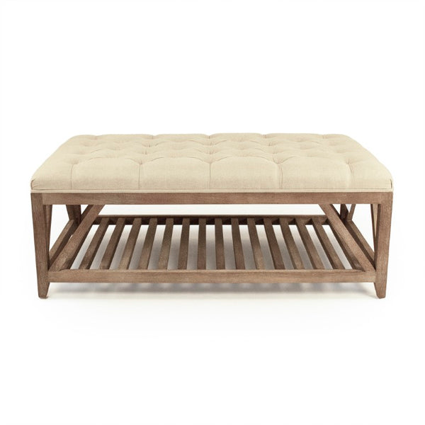 Zentique Mathis Oak-Base Tufted Ottoman — Linen-Tone Upholstery, Durable Seating, Versatile Coffee Table Surface CT039-Z E272 A003