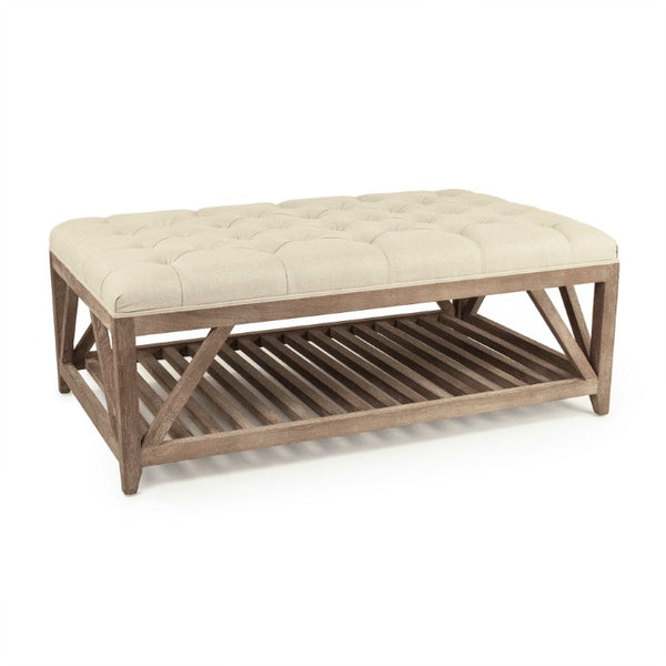 Zentique Mathis Oak-Base Tufted Ottoman — Linen-Tone Upholstery, Durable Seating, Versatile Coffee Table Surface CT039-Z E272 A003