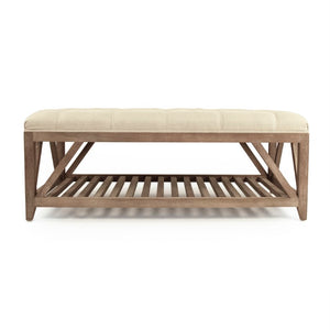 Zentique Mathis Oak-Base Tufted Ottoman — Linen-Tone Upholstery, Durable Seating, Versatile Coffee Table Surface CT039-Z E272 A003