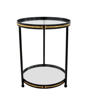 Zeugma Ct395 Elegant Round Side Table With Mirrored Bottom And Two Shelves For Luxurious Home Decor  Iron,Tempered Glass,Mirrored Bottom Ct395 Black & Gold