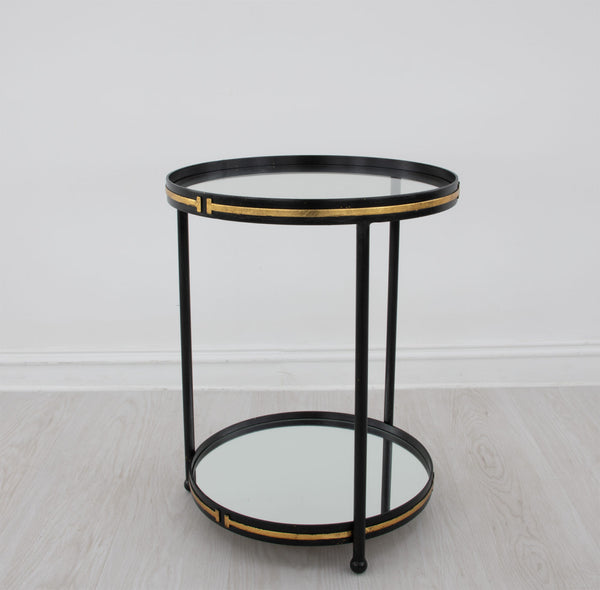 Zeugma Ct395 Elegant Round Side Table With Mirrored Bottom And Two Shelves For Luxurious Home Decor  Iron,Tempered Glass,Mirrored Bottom Ct395 Black & Gold