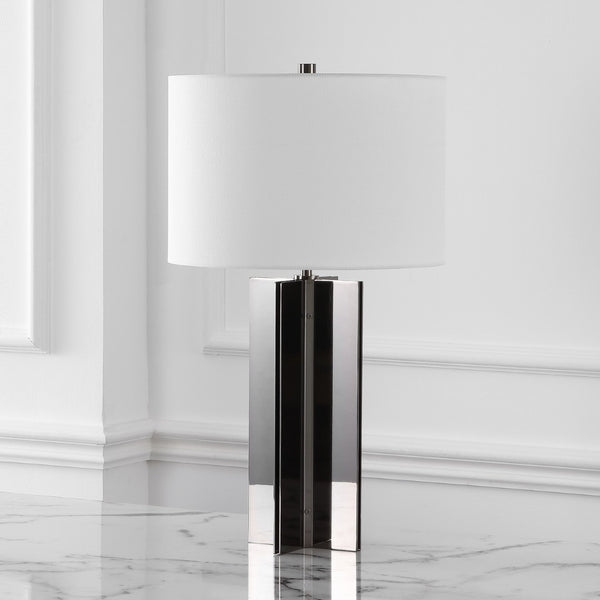Safavieh ROLLINS Square Metal Table Lamp - Modern Black Nickel Base with Chic Fabric Shade for Stylish Spaces Nickel / White CTL1026B