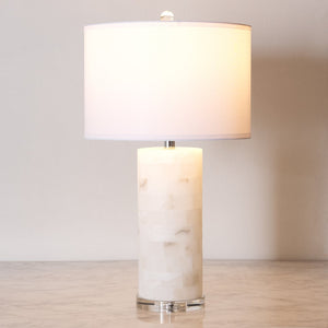 Safavieh MASSEY Round Alabaster Table Lamp - White Fabric Shade & Crystal Accents for Elegant Lighting Decor CTL1027A