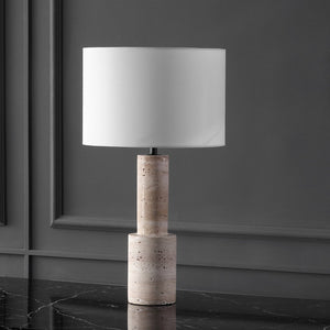 Safavieh TYWIN Travertine Table Lamp – Elegant Iron Base with White Linen Shade & Dimming Functionality, 26.5” H CTL1072A