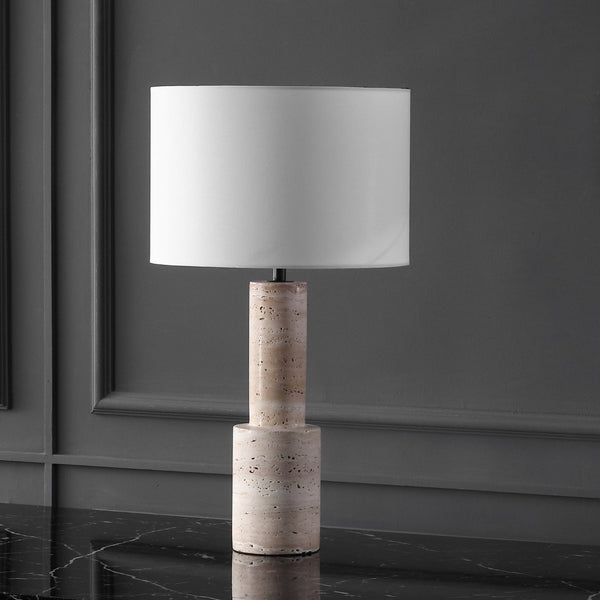 Safavieh TYWIN Travertine Table Lamp – Elegant Iron Base with White Linen Shade & Dimming Functionality, 26.5” H CTL1072A