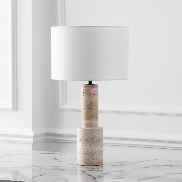 Safavieh TYWIN Travertine Table Lamp – Elegant Iron Base with White Linen Shade & Dimming Functionality, 26.5” H CTL1072A