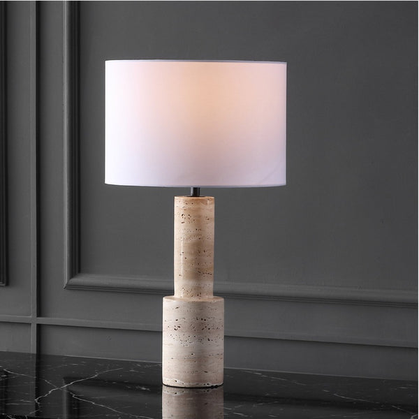Safavieh TYWIN Travertine Table Lamp – Elegant Iron Base with White Linen Shade & Dimming Functionality, 26.5” H CTL1072A