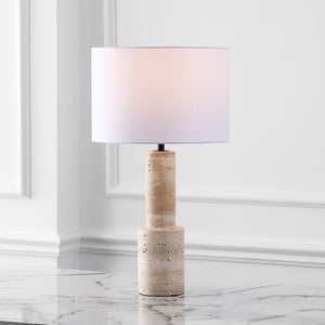 Safavieh TYWIN Travertine Table Lamp – Elegant Iron Base with White Linen Shade & Dimming Functionality, 26.5” H CTL1072A