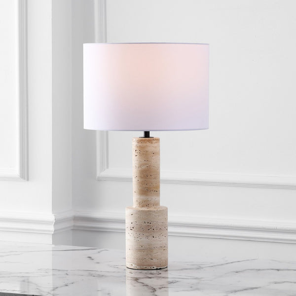 Safavieh TYWIN Travertine Table Lamp – Elegant Iron Base with White Linen Shade & Dimming Functionality, 26.5” H CTL1072A