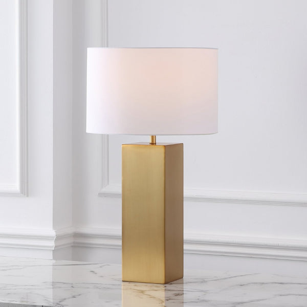 Safavieh HANK Modern Square Table Lamp in Polished Gold & White Linen Shade - Elegant Lighting for Any Room CTL1088A